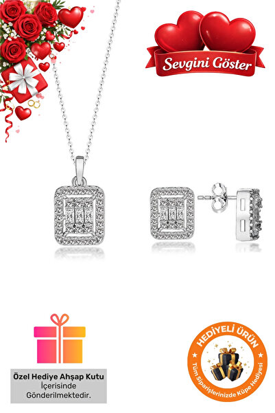 Lucente Jewellery Hediye Kutulu Baget Taşlı Kolye & Küpe Seti 925 Ayar Gümüş ...