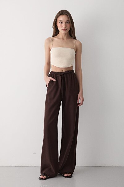 JASTE Kadın Beli Lastikli Bol Paça Palazzo Keten Pantolon KAHVERENGİ