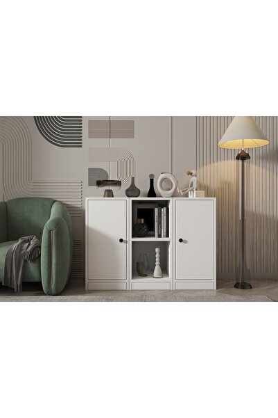 Nettrends Eva 2 Kapaklı 2 Raflı Modern Beyaz Konsol HVV-KNS-1004