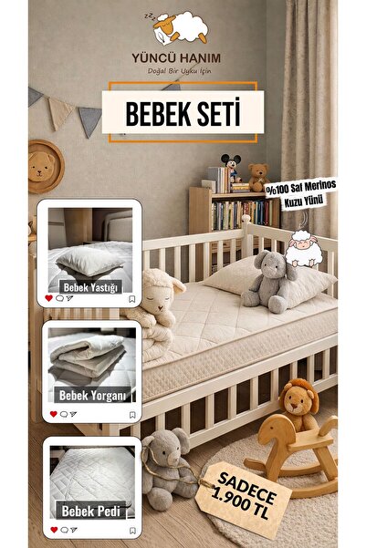 Yüncü Hanım %100 Yün Dolgu Bebek Uyku Seti 3'lü Paket (Yün Yorgan + Yün Alez ...