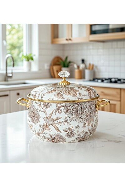 EBRULİEMAYE Cream Bird Enamel Luxury Vintage Pot 5 Liters 24 cm Enamel Lid Mi...