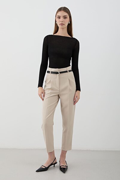 JASTE Women's High Waist Pleated Fabric Trousers Beige