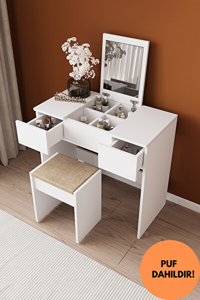 dekor fim DF02101B Anka Çekmeceli Puflu Aynalı Makyaj Masası Beyaz Yatak Odas...