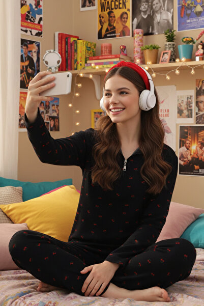 ELİTOL Zippered Waffle Knitted Long Sleeve Women's Pajama Set