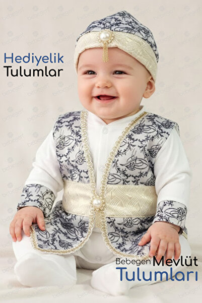 bebegen Sarı Laci Tuğra Desenli Altın Kemerli Erkek Bebek Mevlüt Takımı