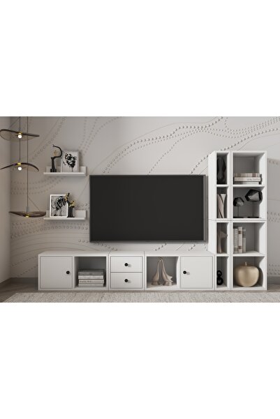 Nettrends Eva Raflı Kitaplıklı İki Çekmeceli İki Kapaklı Beyaz Televizyon Üni...