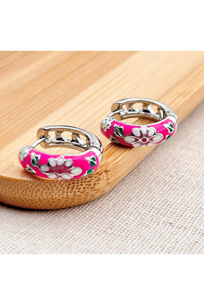 Siya Silver Tarnish Resistant Steel Silver Color Pink Enamel Floral Hoop Earr...