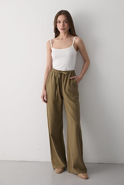 JASTE Kadın Beli Lastikli Bol Paça Palazzo Keten Pantolon KOYU HAKİ