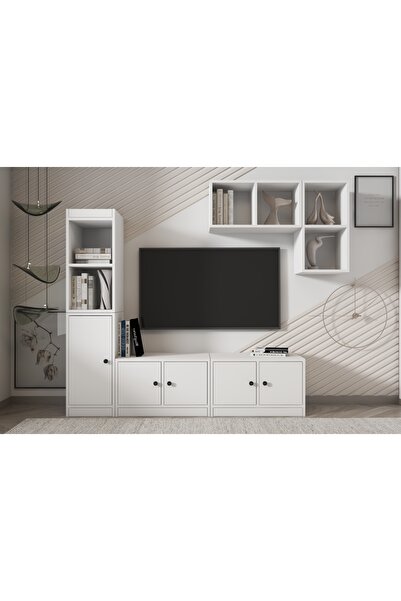 Nettrends Eva Açık Duvar Raflı Kitaplıklı 5 Kapaklı Modern Beyaz Tv Ünitesi H...