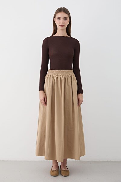 JASTE Kadın Büzgülü Beli Lastikli Uzun Maxi Etek BEJ