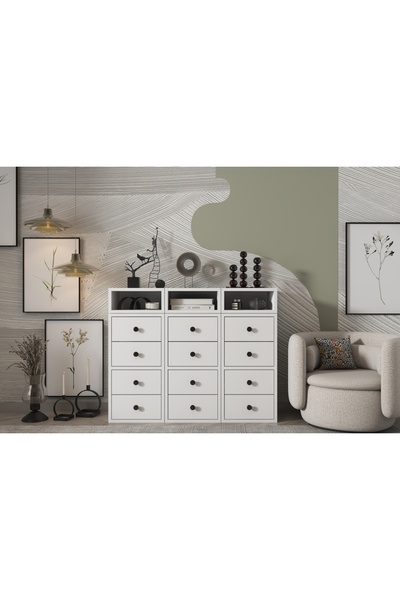 Nettrends Eva 12 Çekmeceli 3 Açık Raflı Tasarım Beyaz Konsol HVV-KNS-1009