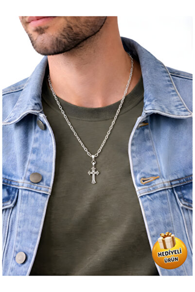Piercing Market Steel & Silver Erkek Gümüş Renk Haç Figürlü Tasarım Kolye