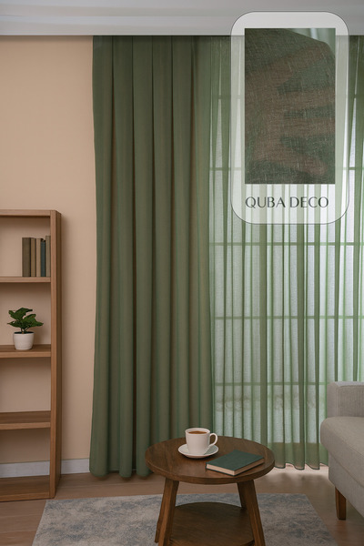 QUBA DECO Premium Natural Keten Dokulu Soft Dökümlü Pileli Tül Perde Salon Ot...