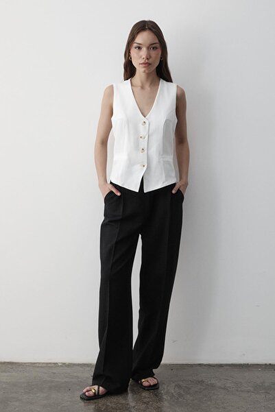 JASTE Γυναικείο λινό γιλέκο με επένδυση με λεπτομέρεια με κουμπιά ΛΕΥΚΟ