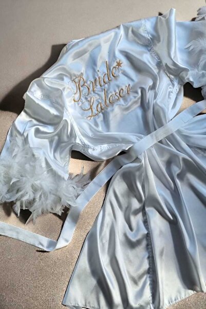 Lasilla Kişiye Özel İsimli Nakış İşlemeli Kollar Tüylü Bride Sabahlık, Gelin ...