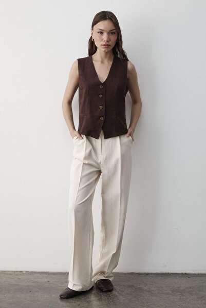 JASTE Дамска подплатена жилетка от лен с копчета BROWN