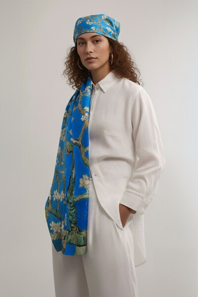 Deriderim Синій 50x170 Бадемове дерево 100% сатиновий шовковий шарф