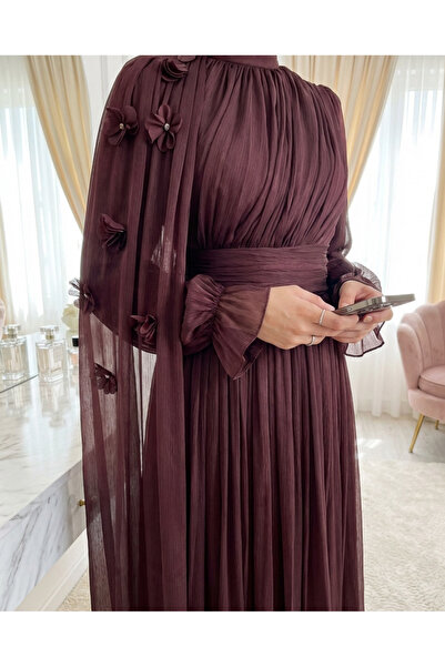 Modamorfo Draped Janjan Evening Dress with Elastic Sleeves, Rose Cape and Wai...