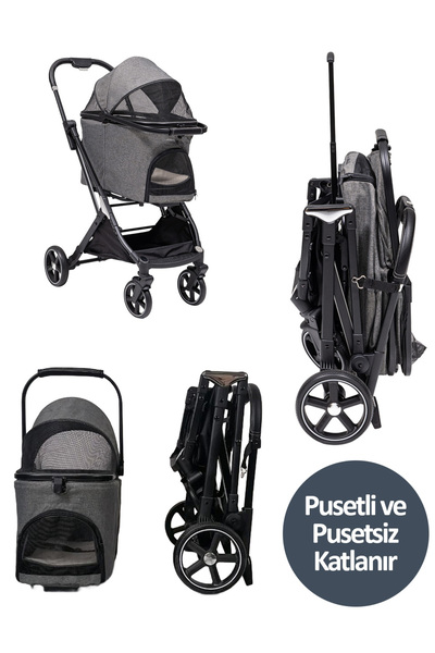 Kölln Premium Gri 4 Tekerlekli Evcil Hayvan Arabası – Kedi ve Köpek Taşıma Pu...