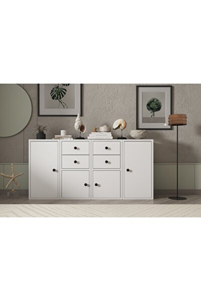 Nettrends Dört Kapaklı Dört Çekmeceli Raflı Beyaz Şifonyer Çıtasız Şfn-1067-ç