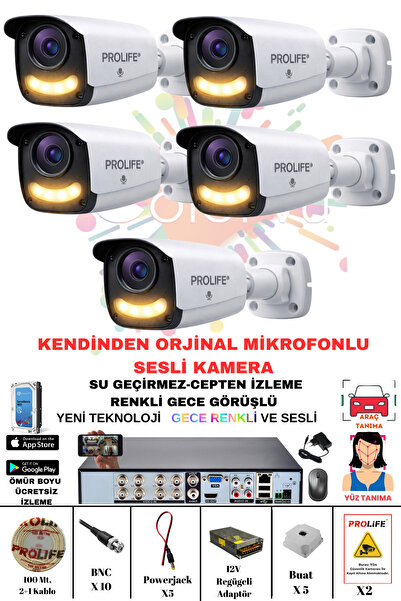 PROLİFE 5 Li Sesli Güvenlik Kamerası 5 Mp Gece Renkli Yüz Ve Araç Tanımalı Fu...