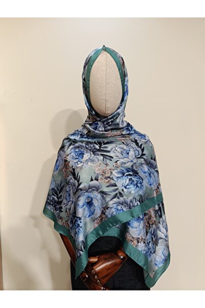 Esima Butik شال ناعم باللون الكاكي/الأزرق بنقشة الزهور