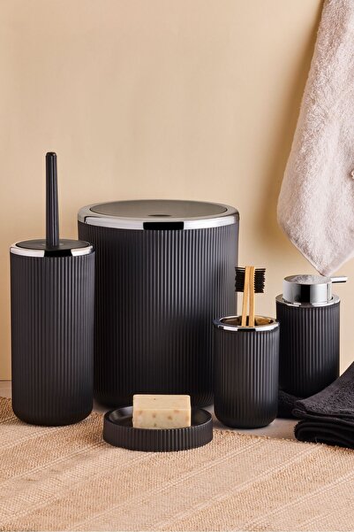 Perotti 5 Parça Siyah Lisbone Gümüş Akrilik Banyo Seti Takımı Sıvı Sabunluk