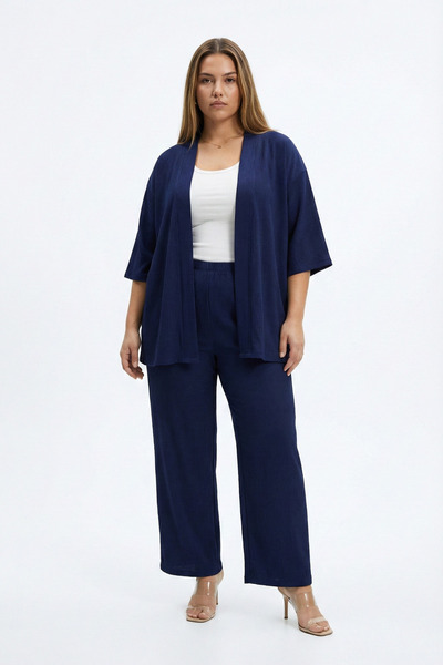 Talvien Büyük Beden Kimono Hırkalı 2’li Takım – Bürümcük Kumaş Oversize Şık Set