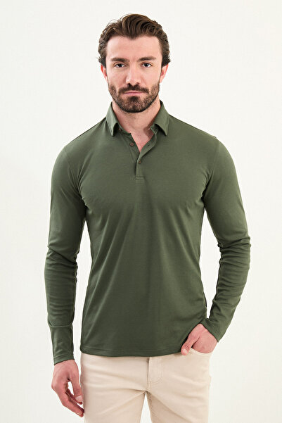 Mcr تي شيرت رجالي بولو ذو ياقة مستقيمة وضيقة وأكمام طويلة، كاكي - 36672.21K