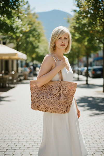 Örgü Sanatı El Örgüsü Astarlı Kağıt Ip Çanta, Dantel Örgü Tarz Kadın Omuz Çanta
