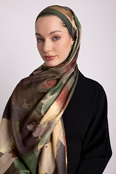 Ayshara Fırça Desenli Tek Taraflı Şal - Haki Yeşil