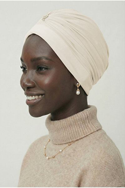 elysianfidan Turban instantanee cu broderie de perle, culoare crem, pentru fe...