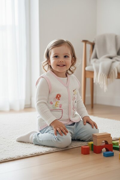 Ercahome tekstil Quilted Teddy Bear Patterned Pink Embroidered Baby Vest