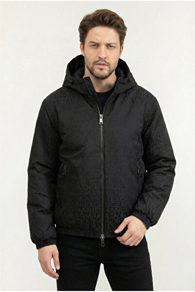 Armani Exchange سترة منتفخة باللون الأزرق للرجال مع قلنسوة وسحاب - تفاصيل الع...