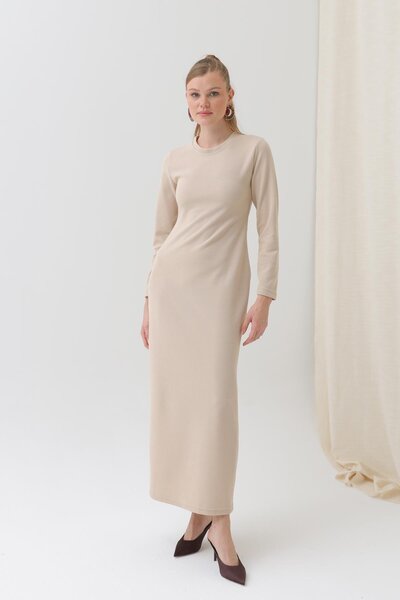 Puane Women's Basic Long Sleeve Knitwear Maxi Dress-12591Elb - Beige