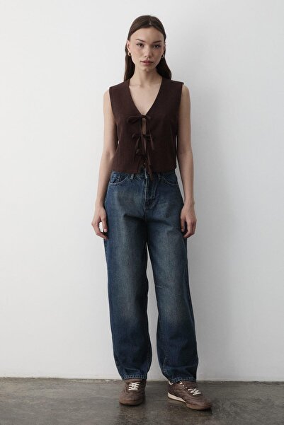 JASTE Pantaloni de damă, albastru marin, talie înaltă cu picioare largi, cu d...