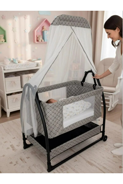 TURHANBEBE Nuans Keten Kumaş Portatif Anne Yanı Cibinlikli Hamak Beşik