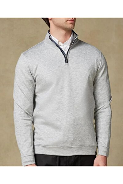 Abbate Fiero Örme Kumaş Viskon Karışımlı Modern Fit Gri Dik Yaka Erkek Düz Sweatshirt