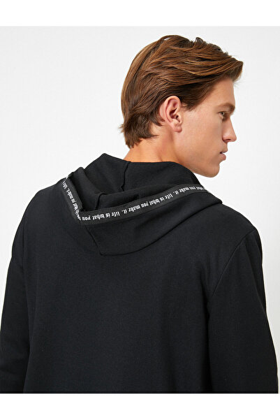 Koton Men's Black Respect Life - Yasama Respect - Hooded Text Printed Long Sl...