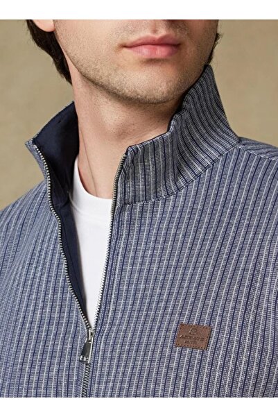 Abbate Edon Örme Kumaş Pamuklu Modern Fit Lacivert Dik Yaka Erkek Çizgili Sweatshirt