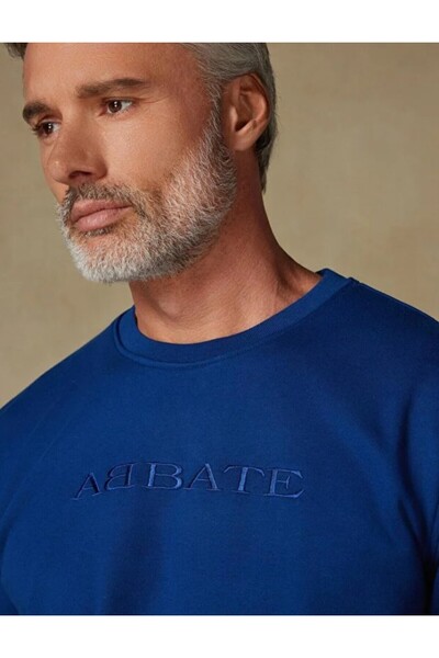 Abbate Sweatshirt Örme Kumaş Pamuklu Comfort Fit Saks Bisiklet Yaka Erkek Nakışlı Sweatshirt
