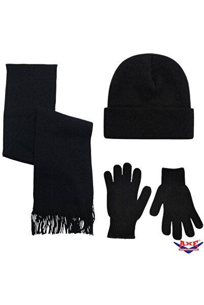 AXE SPORTSWEAR Erkek Siyah Kışlık Triko Örme Atkı Bere Eldiven 3'lü Set Scarf...