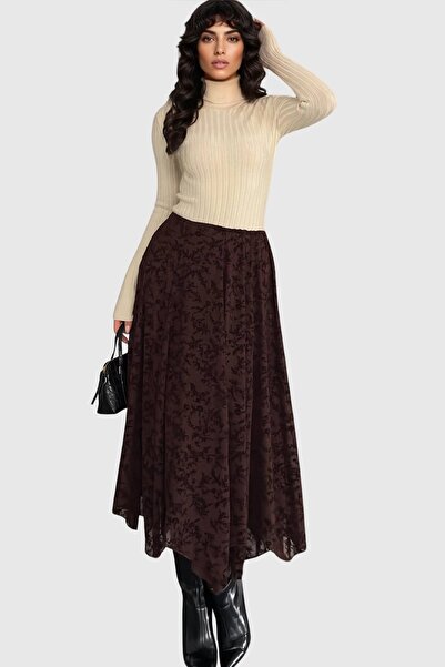 Trend Alaçatı Stili Fusta din tul căptușită asimetrică maro pentru femei croi...