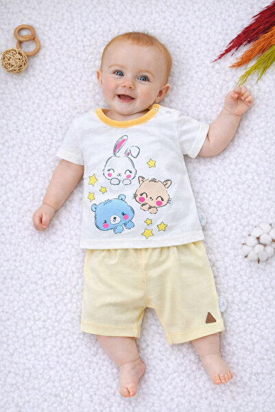 Tomuycuk Yellow and Animal Patterned 2-Piece Soft Baby Set - Girl/Boy
