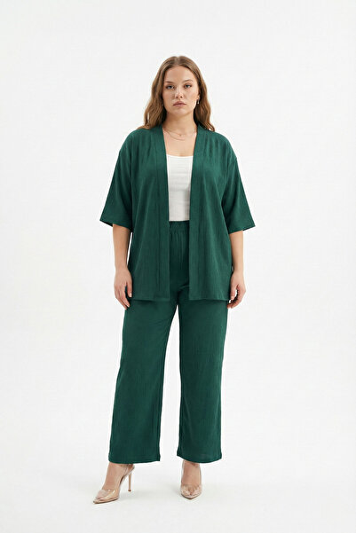 Talvien Büyük Beden Kimono Hırkalı 2’li Takım – Bürümcük Kumaş Oversize Şık Set