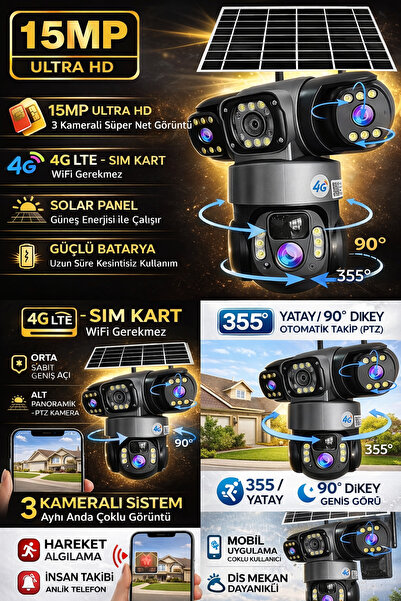 TRCharger Av-s834 Full Hd 15mp 3 Kameralı 12.000 Mah Solar Panelli Sim Kart I...