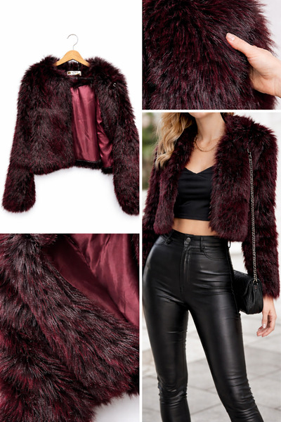 Nizza Women's Burgundy Transitional Short Plush Faux Fur Coat |   Stylish & W...