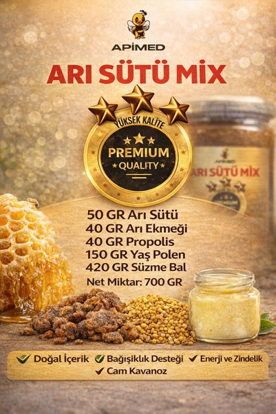 APİMED مزيج عسل النحل 700 جرام - مزيج من حليب النحل، الغذاء العطري، البروبوليس، البرغة والعسل -
