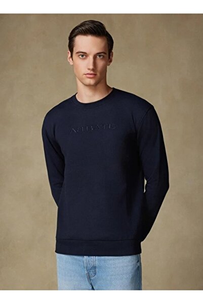 Abbate Sweatshirt Örme Kumaş Pamuklu Comfort Fit Lacivert Bisiklet Yaka Erkek Nakışlı Sweatshirt