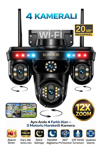 SONREİR SNR3 Wi-Fi 4 Kameralı 3 PTZ Motorlu Güvenlik Kamerası 20MP Gece Görüş...